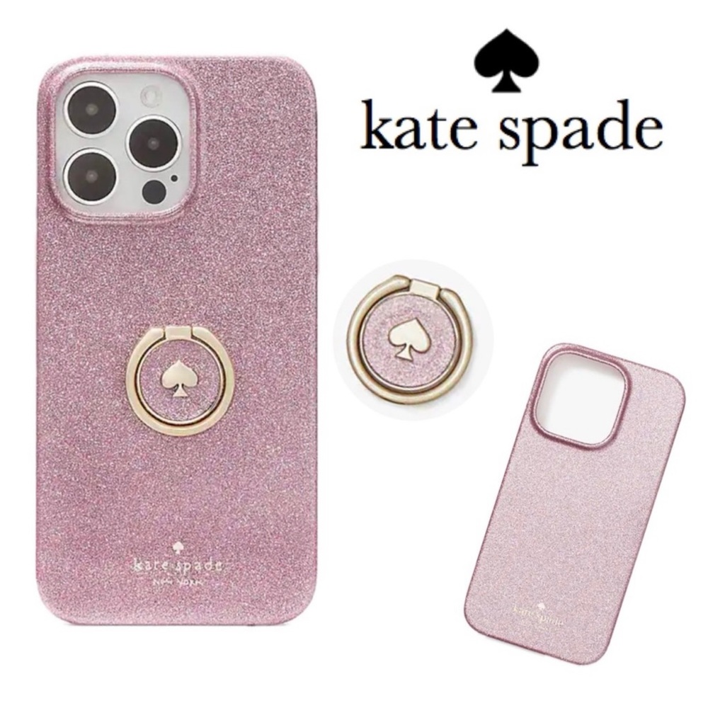 KATE SPADE Mitten Pink Glitter Bling Gold Logo Ring Stand iPhone 14 PRO MAX Case